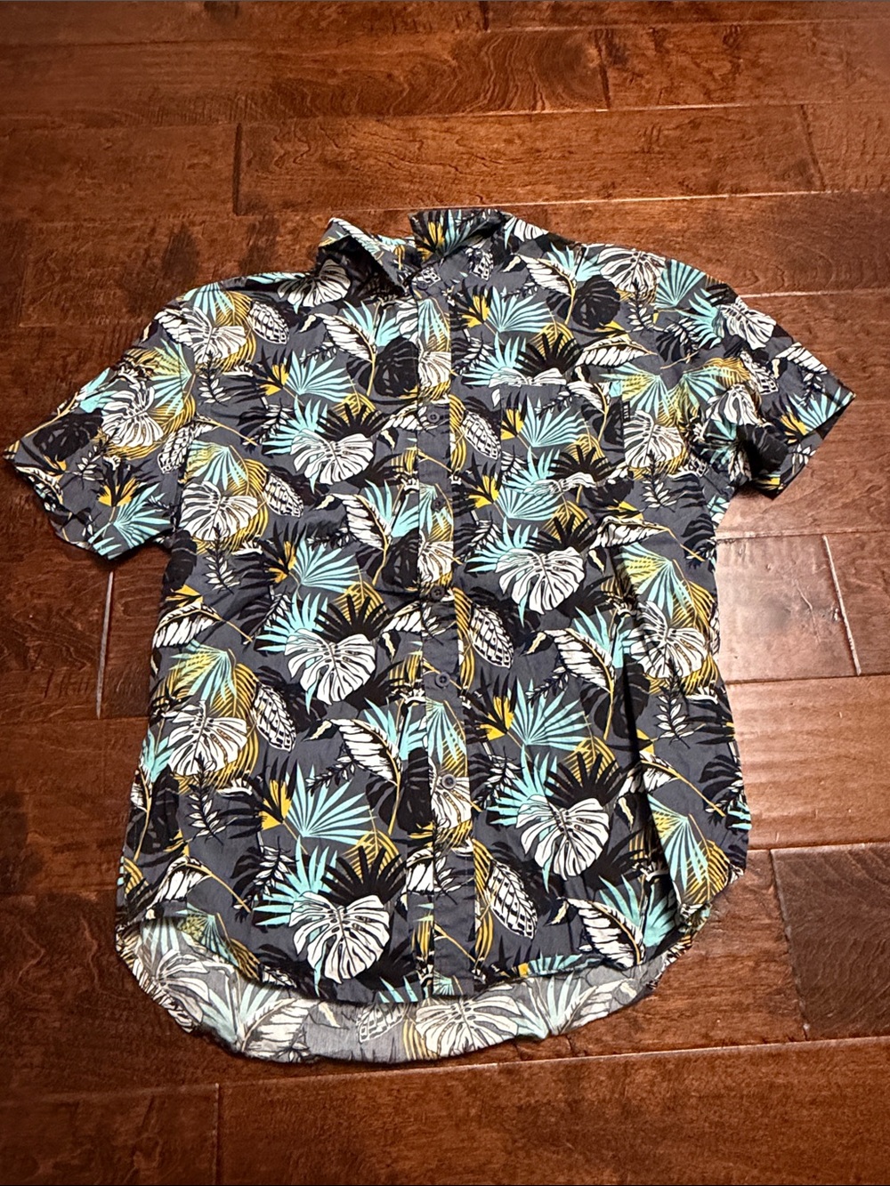 Kids Tropical Leaf Short-Sleeve Button-Down Shirt - Blue/Black